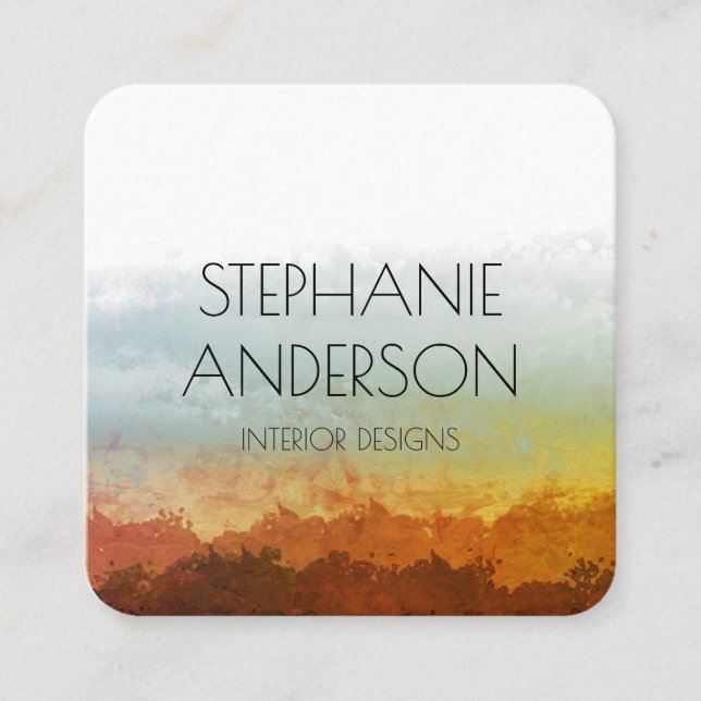 Elegant Greenery Earthy Brown Watercolor Abstract Square Business Card (Front)