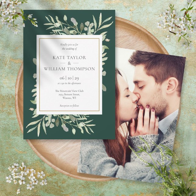 Elegant Greenery Emerald Gold Photo Wedding Invitation (Elegant Greenery Emerald Gold Photo Wedding Invitation)