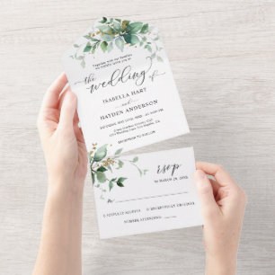 Elegant Greenery Emerald Gold Wedding Details RSVP All In One Invitation