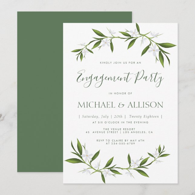 Elegant greenery engagement party invitation (Front/Back)