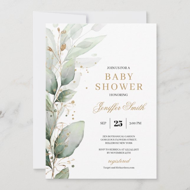 Elegant greenery eucalyptus and gold baby shower invitation (Front)