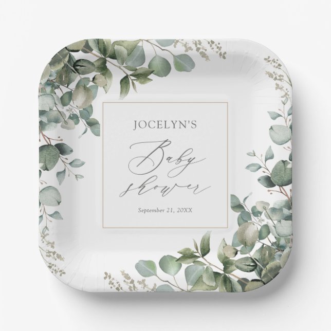 Elegant Greenery Eucalyptus Baby Shower Paper Plate (Front)