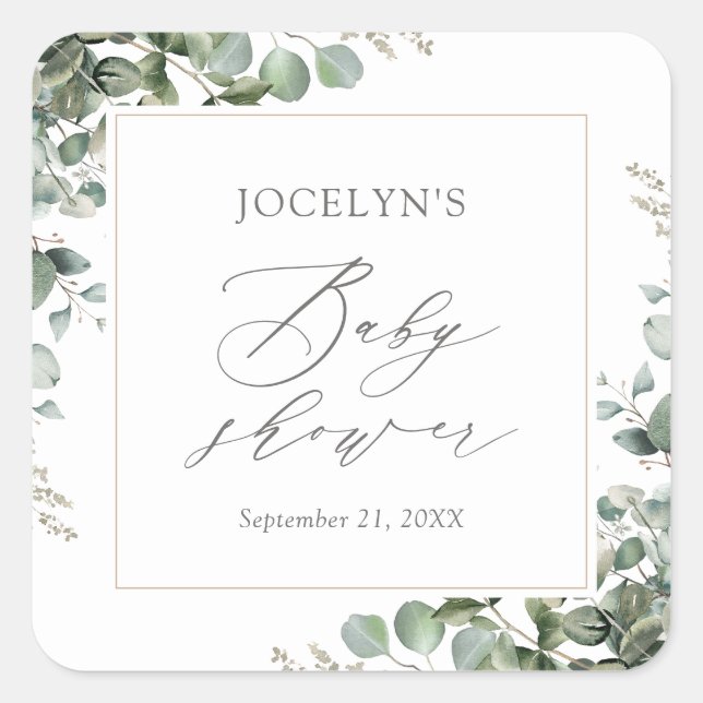 Elegant Greenery Eucalyptus Baby Shower Square Sticker (Front)