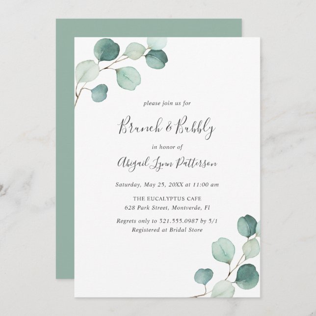Elegant Greenery Eucalyptus Brunch and Bubbly Invitation (Front/Back)