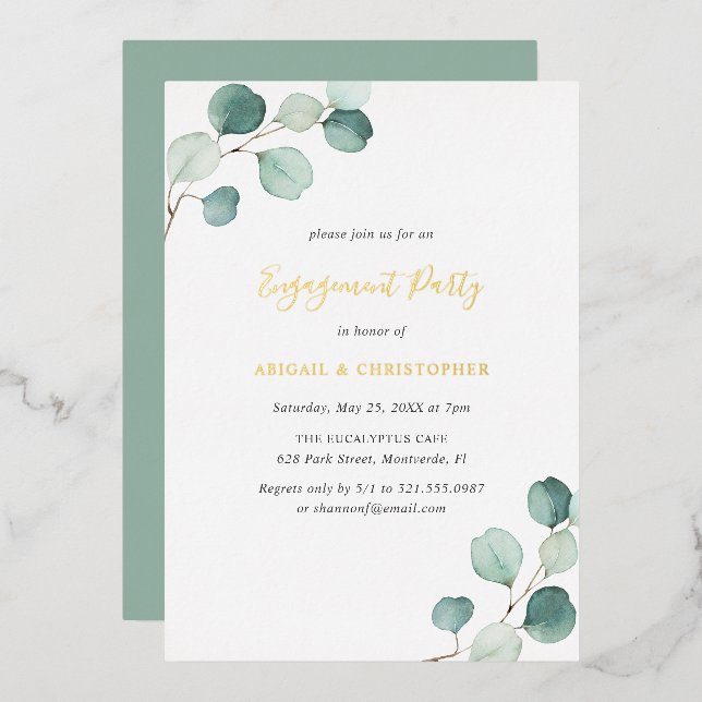 Elegant Greenery Eucalyptus Engagement Party Gold (Front/Back)