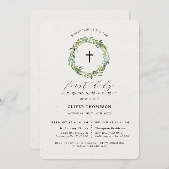 Elegant Greenery Eucalyptus First Communion Invitation (Front/Back)