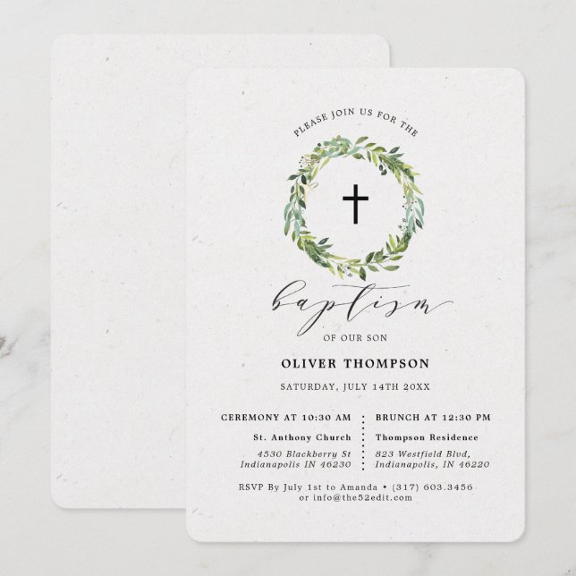 Elegant Greenery Eucalyptus Foliage Baptism Invitation (Front/Back)