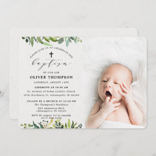 Elegant Greenery Eucalyptus Foliage Photo Baptism Invitation