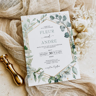 Elegant Greenery Eucalyptus Geometric Gold Wedding Invitation