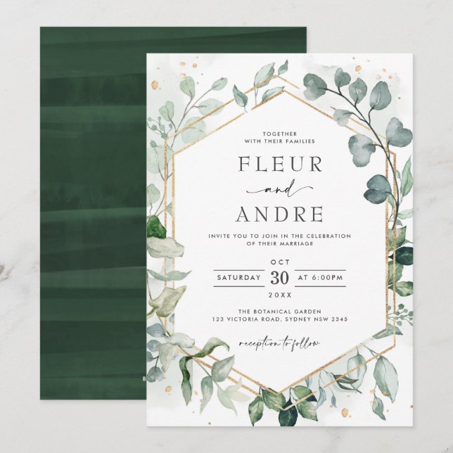 Elegant Greenery Eucalyptus Geometric Gold Wedding Invitation (Front/Back)