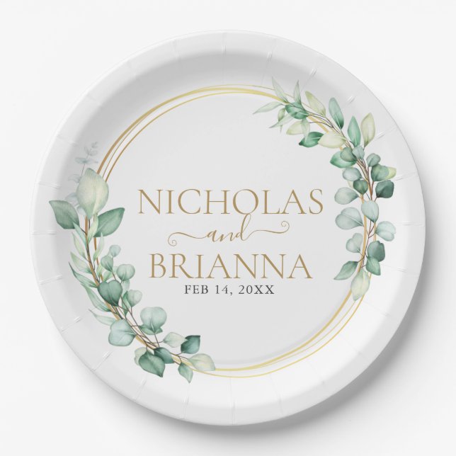 Elegant Greenery Eucalyptus Gold Botanical Wedding Paper Plate (Front)