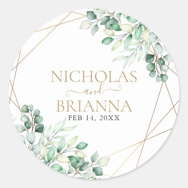 Elegant Greenery Eucalyptus Gold Geometric Wedding Classic Round Sticker (Front)