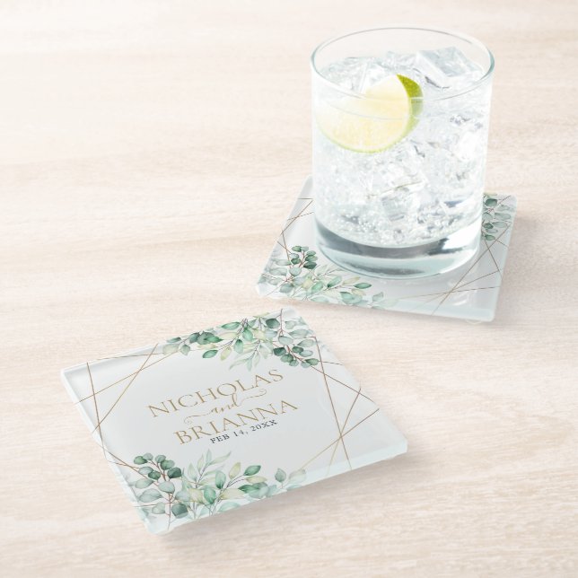 Elegant Greenery Eucalyptus Gold Geometric Wedding Glass Coaster (Angled)