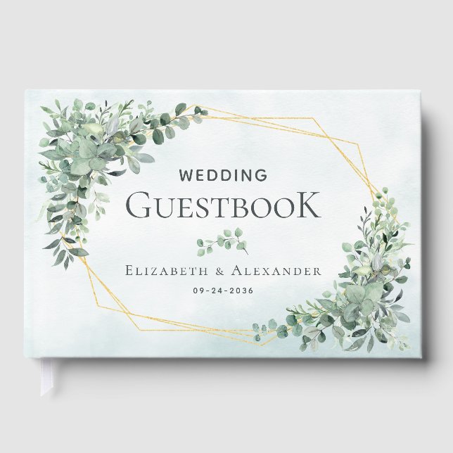 Elegant Greenery Eucalyptus Gold Geometric Wedding Guest Book (Front)
