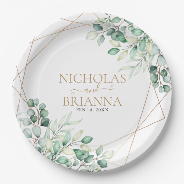 Elegant Greenery Eucalyptus Gold Geometric Wedding Paper Plate (Front)