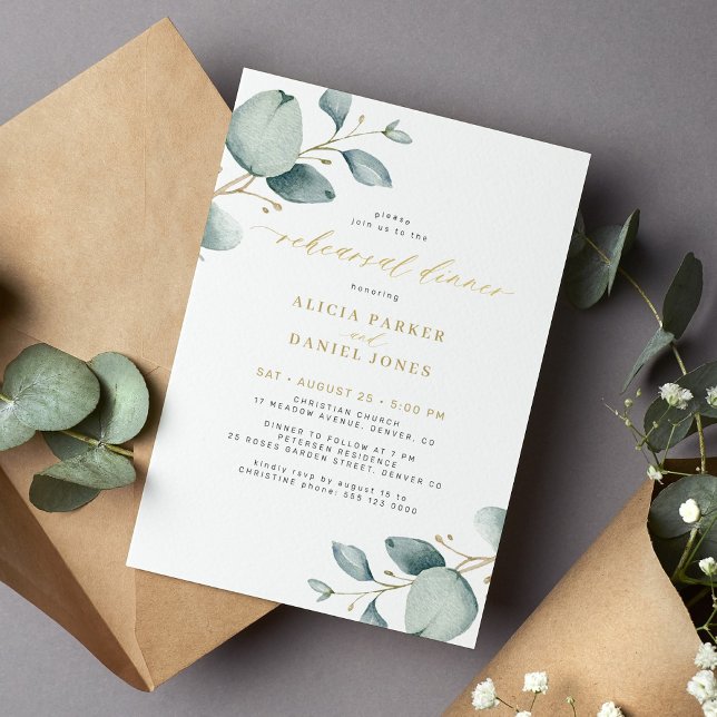 Elegant greenery eucalyptus gold rehearsal dinner invitation (Creator Uploaded)