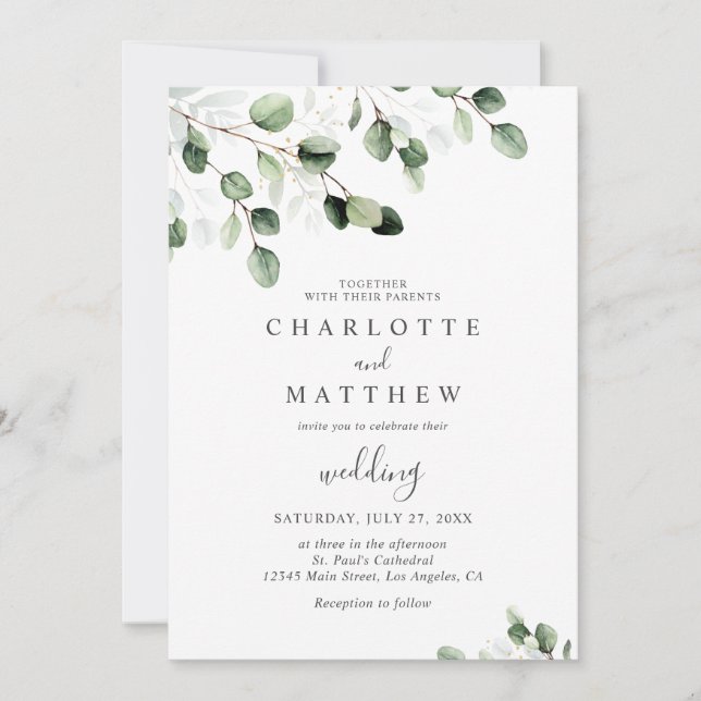 Elegant Greenery Eucalyptus Gold Wedding  Invitation (Front)