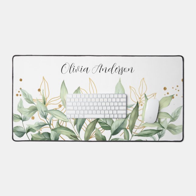 Elegant Greenery Eucalyptus Leaves Name Desk Mat (Keyboard & Mouse)