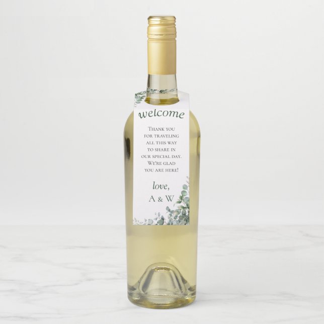Elegant Greenery Eucalyptus Leaves Wedding Bottle Tag (On Bottle)
