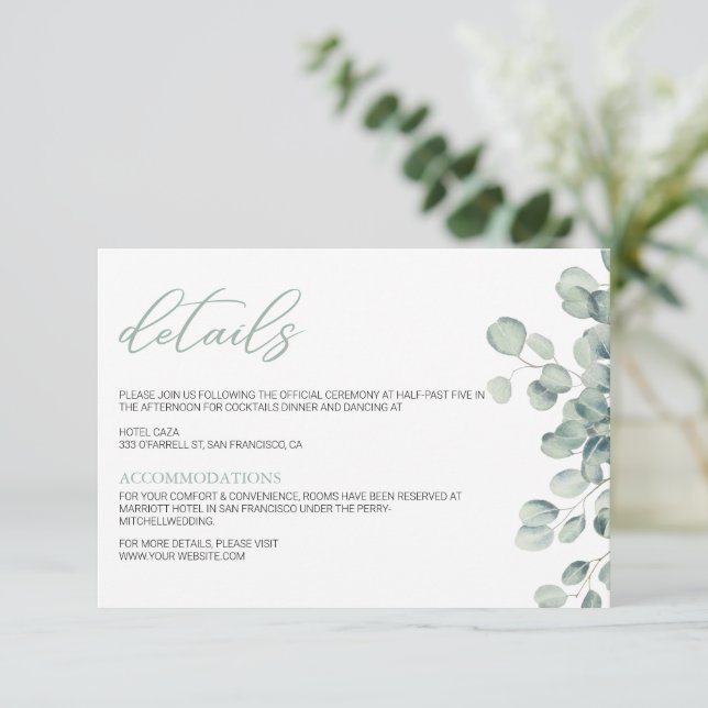 Elegant Greenery Eucalyptus Leaves Wedding Enclosure Card (Standing Front)