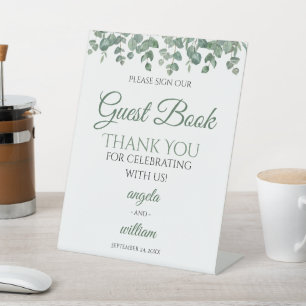 Elegant Greenery Eucalyptus Leaves Wedding guest Pedestal Sign