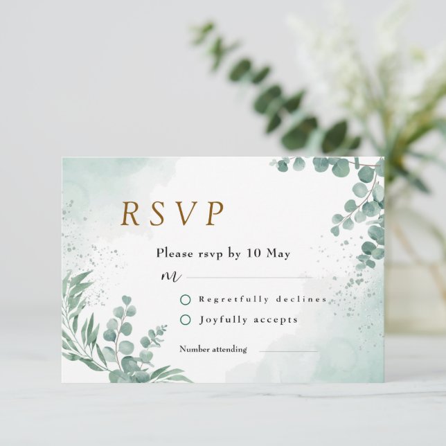 Elegant Greenery Eucalyptus Leaves Wedding RSVP Card (Standing Front)