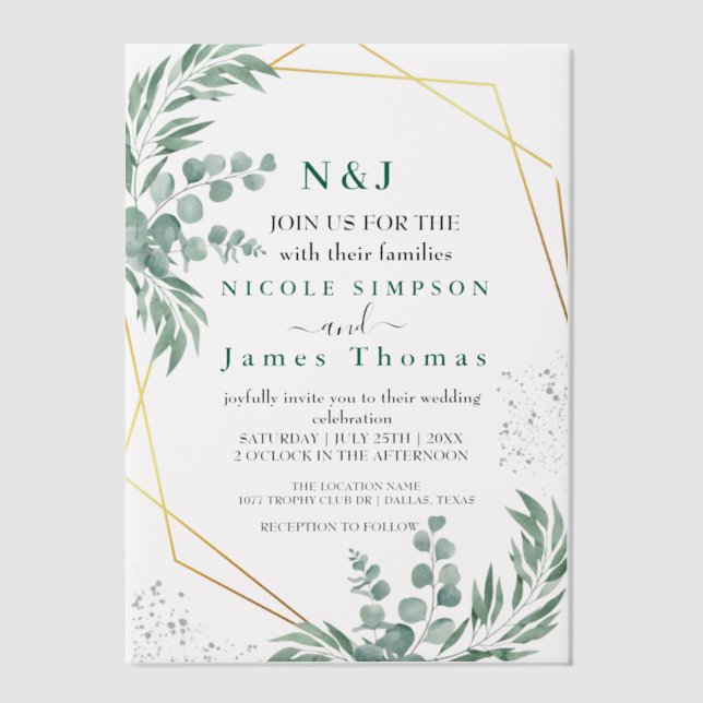 Elegant Greenery Eucalyptus Leaves Wedding Vellum Invitations (Front)