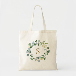 Elegant Greenery Eucalyptus Leaves Wreath Monogram Tote Bag