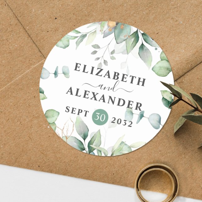 Elegant greenery eucalyptus names and wedding date classic round sticker (Creator Uploaded)