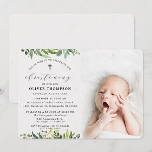 Elegant Greenery Eucalyptus  Photo Christening Invitation
