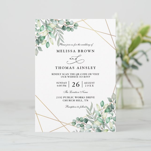 Elegant Greenery Eucalyptus QR Code Wedding Invitation (Standing Front)