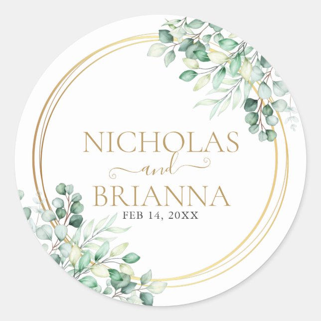Elegant Greenery Eucalyptus Watercolor Wedding Classic Round Sticker (Front)