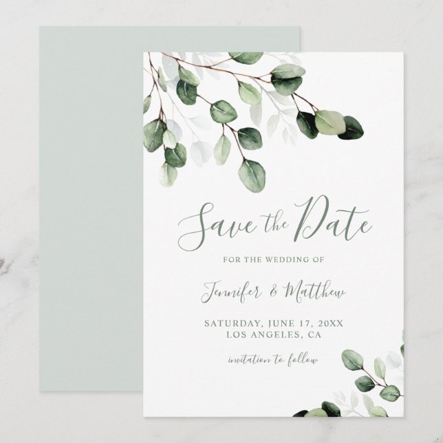 Elegant Greenery Eucalyptus Wedding  Save The Date (Front/Back)