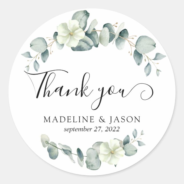 Elegant Greenery Eucalyptus Wedding Thank You Classic Round Sticker (Front)