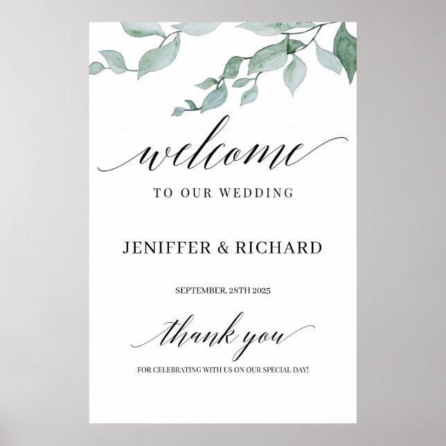 Elegant greenery eucalyptus wedding welcome poster (Front)