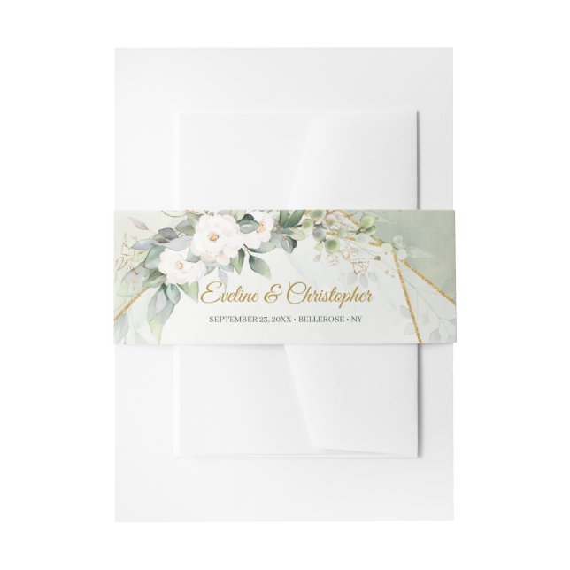 Elegant greenery eucalyptus white roses gold invitation belly band (Front Example)