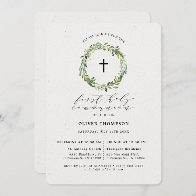 Elegant Greenery Eucalyptus Wreath First Communion Invitation (Front/Back)
