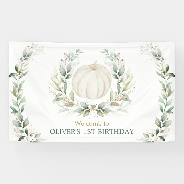 Elegant Greenery Fall Pumpkin 1st Birthday Welcome Banner (Horizontal)