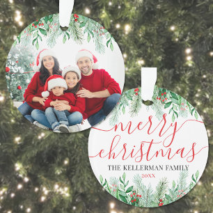 Elegant Greenery Family Photo Merry Christmas Ornament