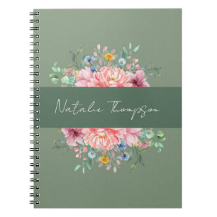 Elegant greenery feminine floral name monogrammed notebook
