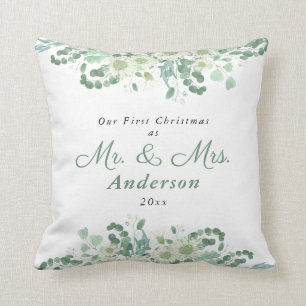 Elegant Greenery First Christmas as Mr. & Mrs. Cushion