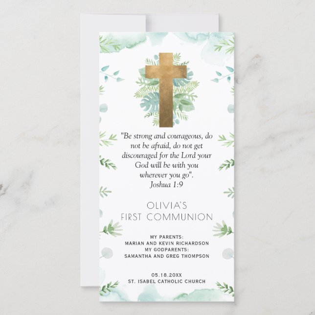 Elegant Greenery First Communion Bookmark Favour Thank You Card (Front)