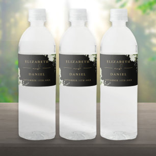 Elegant Greenery Floral Black And Gold Wedding Water Bottle Label
