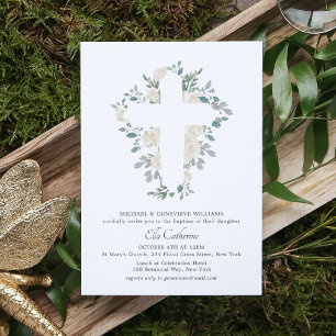 Elegant Greenery Floral Botanical Cross Baptism Invitation