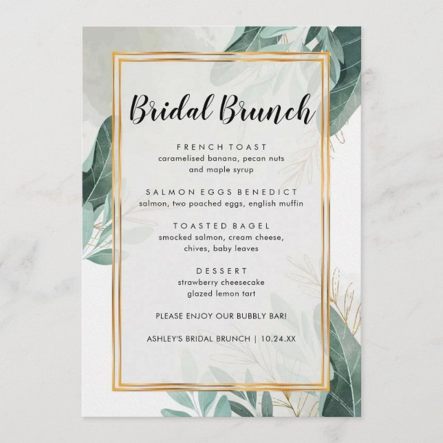 Elegant Greenery Floral Bridal Brunch Menu (Front)