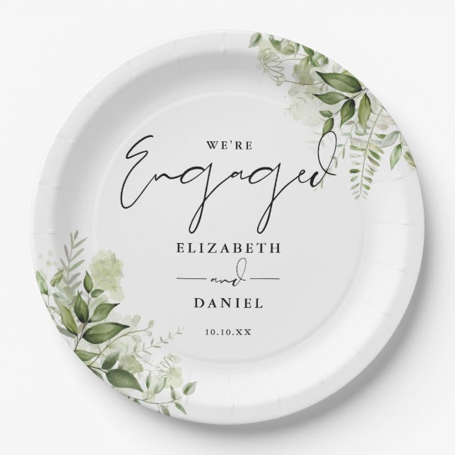 Elegant Greenery Floral Engagement Party Paper Plate (Front)