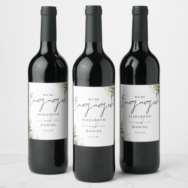 Elegant Greenery Floral Engagement Party Wine Label (Bottles)