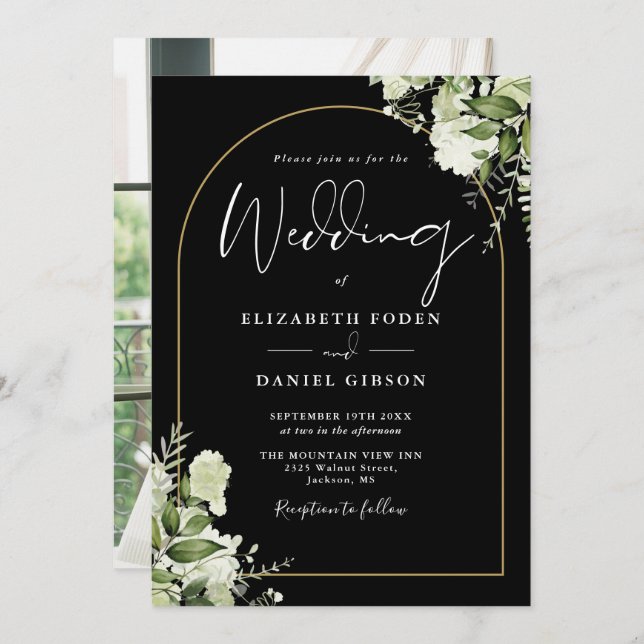 Elegant Greenery Floral Gold Arch Photo Wedding Invitation (Front/Back)