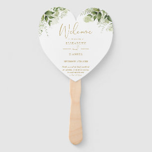 Elegant Greenery Floral Gold Wedding Program Heart Hand Fan
