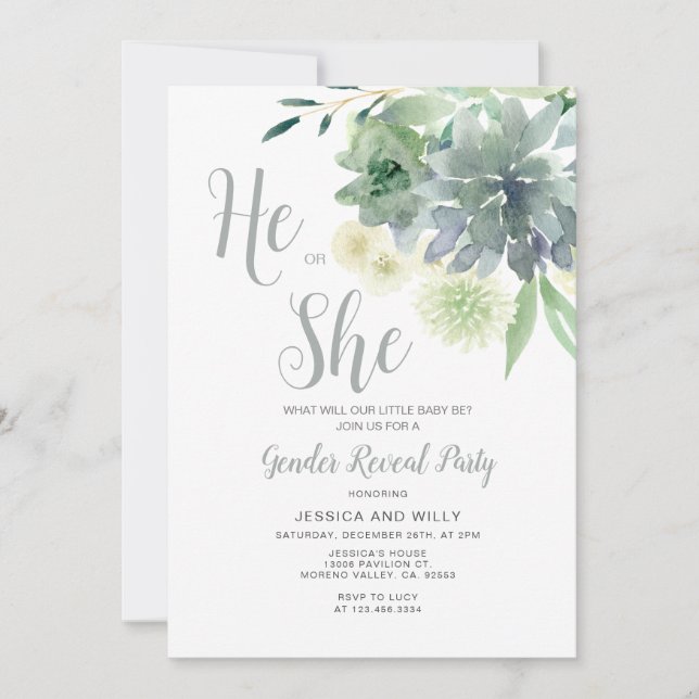 Elegant Greenery Floral He or She Gender Reveal Invitation (Front)